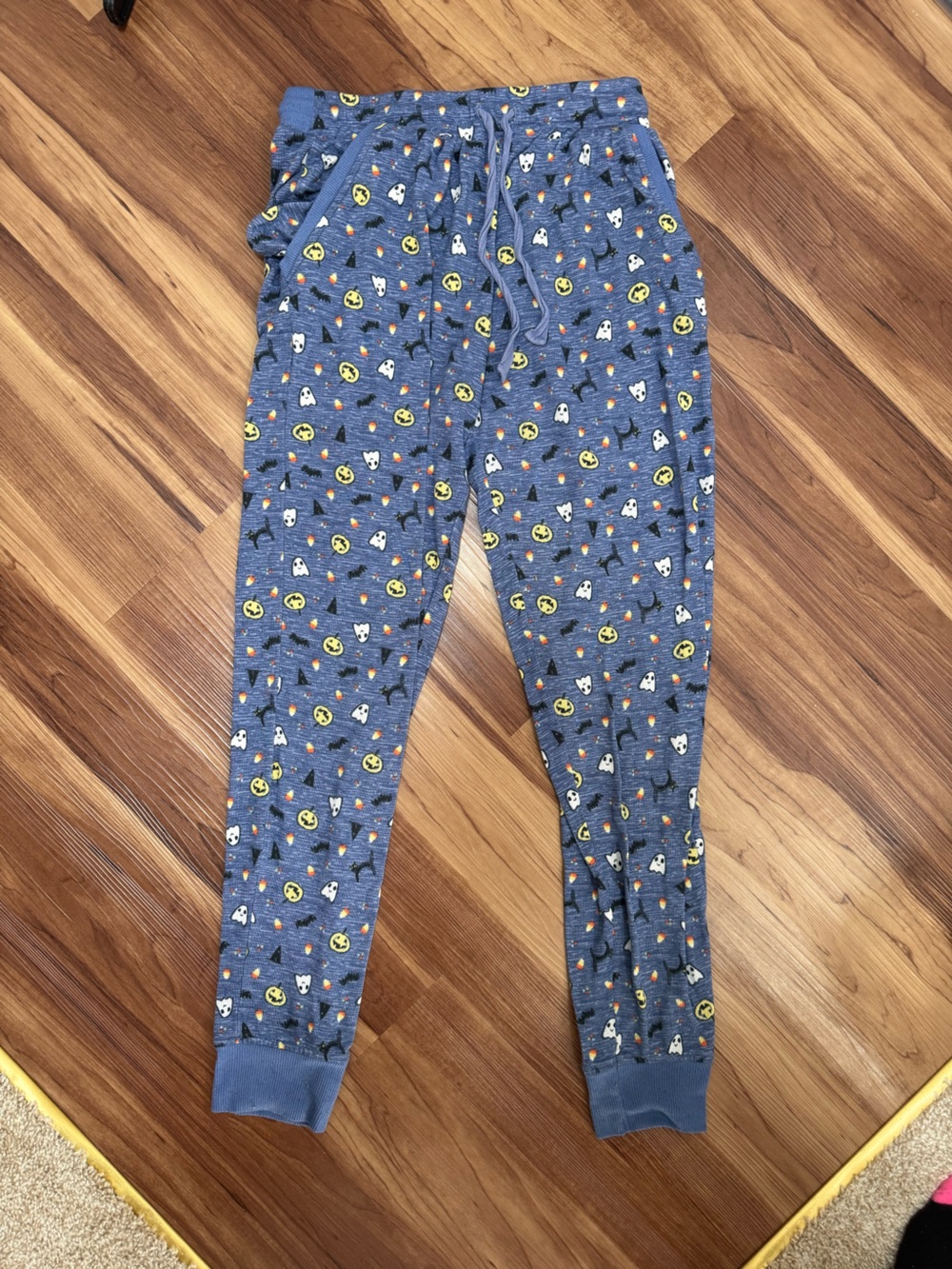Blue Halloween Print Pajama Bottoms with Drawstring Waist